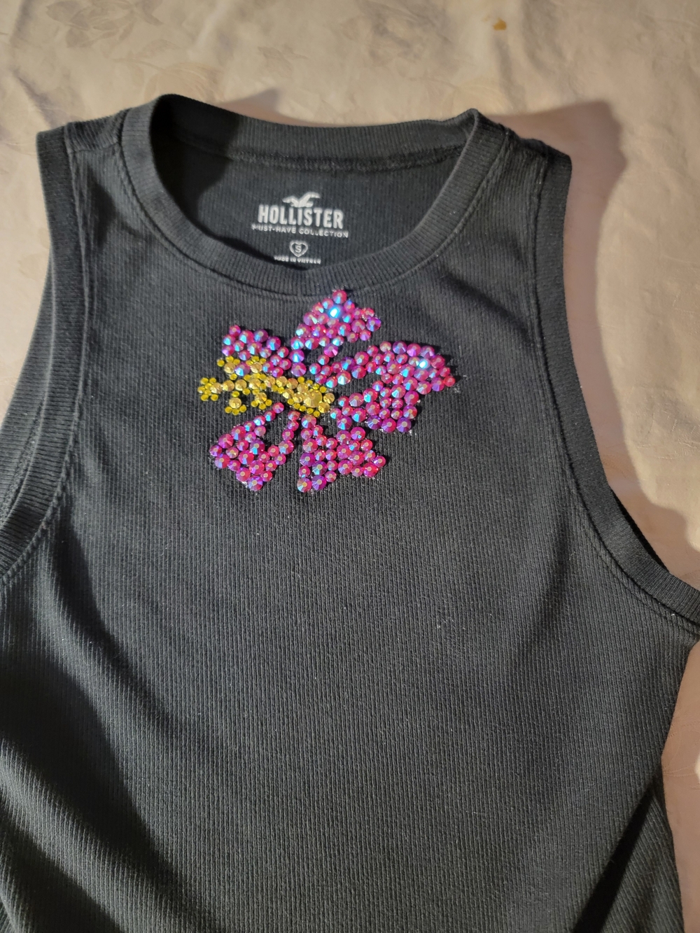 Hollister Girls' Black Tank Top with Pink & Gold Floral Accent